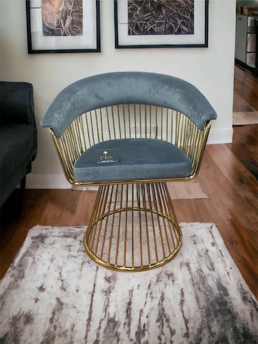 Wooden Twist Swivel Rotating Arm Chair - Velvet Fabric with Golden Metallic Accent