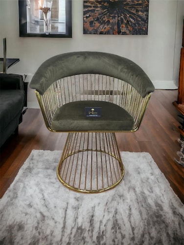 Wooden Twist Swivel Rotating Arm Chair - Velvet Fabric with Golden Metallic Accent