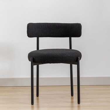 Round Upholstered Boucle Dining Room Chair Mid-Century Modern Kitchen Chairs Curved Backrest Chairs for Dining Room Black Metal Legs