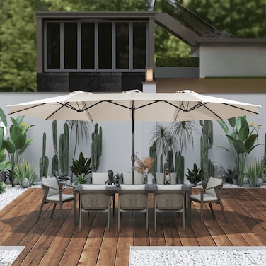 مظلة خشبية ملتوية دوديكاجون كبيرة جدًا مزدوجة الجوانب خارجية مزدوجة مع نظام رفع كرنك محمي من الأشعة فوق البنفسجية، نسيج بوليستر مقاوم للماء بطول 15 قدمًا