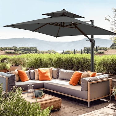 مظلة حديقة خشبية ملتوية من الألومنيوم مع مقبض دوار، ديكور أنيق للفناء الخارجي ومظلة مقاومة للأشعة فوق البنفسجية (رمادي)