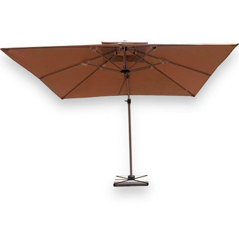 Wooden Twist Sunshade Aluminium Garden Umbrella with Rotating Handle Stylish Outdoor Patio Decor and UV-Resistant Canopy ( Beige )