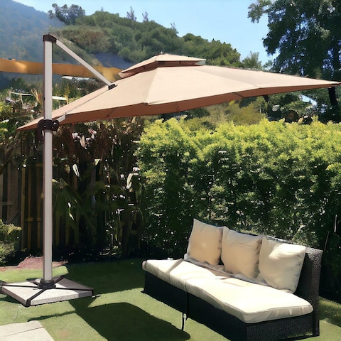 Wooden Twist Sunshade Aluminium Garden Umbrella with Rotating Handle Stylish Outdoor Patio Decor and UV-Resistant Canopy ( Beige )