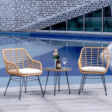 Wooden Twist Modern Bistro Design Rattan &amp; Steel Outdoor Dining Table Set with Cushions for Caf&eacute;, Restaurant, Patio, Garden