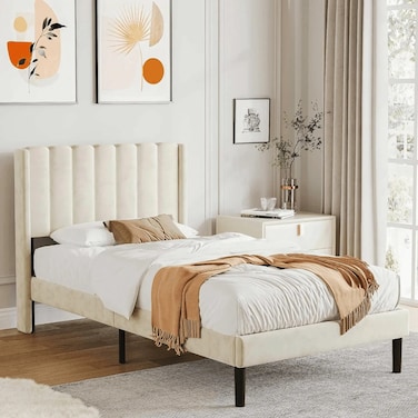 Wooden Twist Modern Rectangular Velvet Upholstery Bed with Soft Wingback Headboard ( Cream ) - King