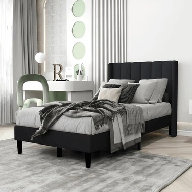 Wooden Twist Modern Rectangular Velvet Upholstery Bed with Soft Wingback Headboard ( Black ) - Queen (150 x 200cm)