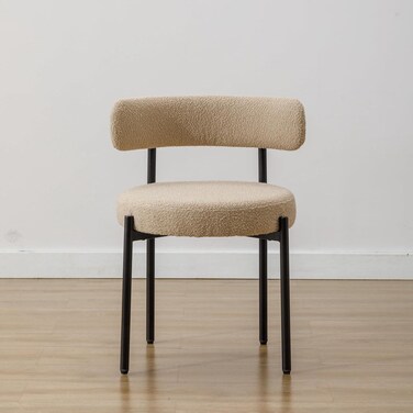 Round Upholstered Boucle Dining Room Chair Mid-Century Modern Kitchen Chairs Curved Backrest Chairs for Dining Room Black Metal Legs