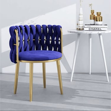 Wooden Twist Endorse Soft Velvet Upholstery Makeup Lounge Chair with Metal Legs Modern Dining Chair for Home and Office ( Blue )