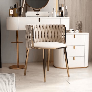 Wooden Twist Endorse Soft Velvet Upholstery Makeup Lounge Chair with Metal Legs Modern Dining Chair for Home and Office ( Beige )