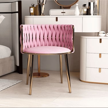 Wooden Twist Endorse Soft Velvet Upholstery Makeup Lounge Chair with Metal Legs Modern Dining Chair for Home and Office ( Pink )