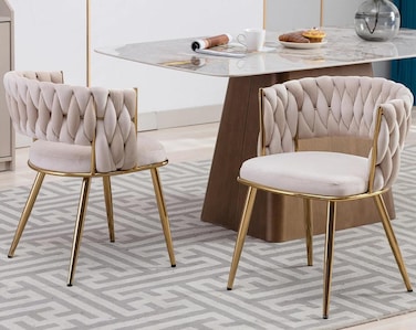 Wooden Twist Woven Carved Backrest Velvet Upholstery and Metal Legs Elegant Seating Dining Chair for Cafe, Restaurant, and Home