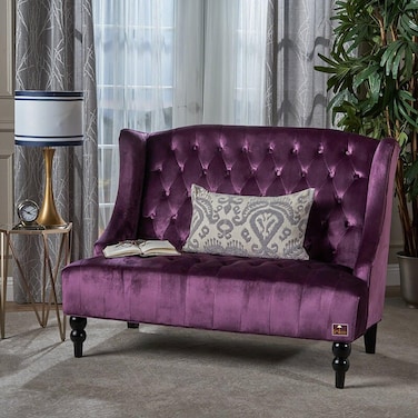 Wooden Recessed Arm Loveseat Bench (2 Seater, Purple)