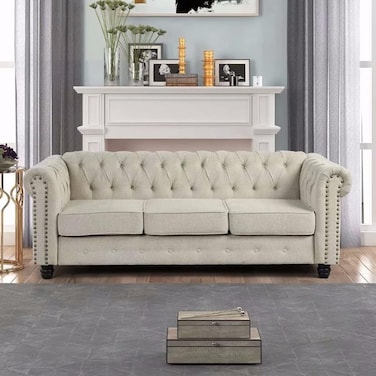 Wooden Twist Destro Premium Living Room Chesterfield 3 Seater ( Beige )