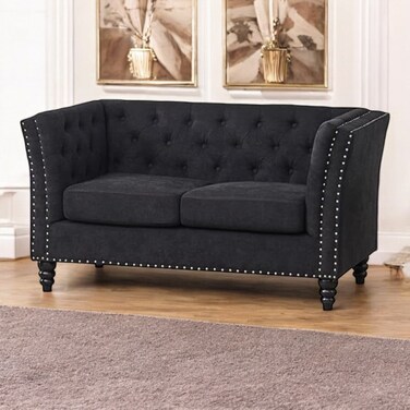 Wooden Twist Fresco Premium Living Room Chesterfield 2 Seater Sofa ( Black  )