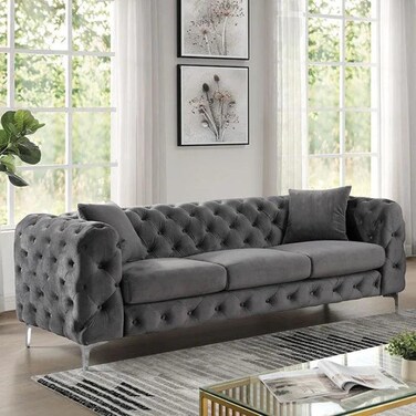 Wooden Twist Sapphira Modern Elegant Button Tufted Design Solid Wood 3 Seater Sofa with Comfortable Cushions ( Metal Legs )