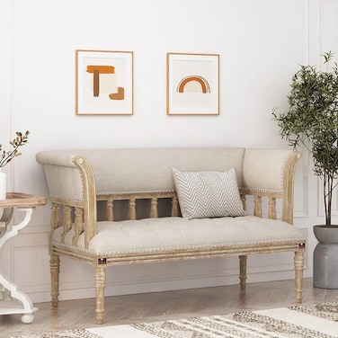 مقعد خشبي ملتوي ذو ذراع واسعة لتوفير الراحة في غرفة المعيشة ومسند الظهر (مقعدان، بيج)