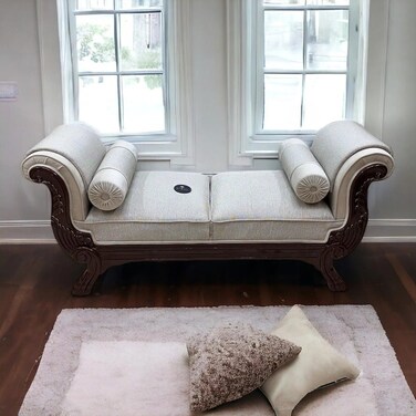 خشبية ملتوية منحوتة يدويًا من خشب الساج، تنجيد ناعم بمقعدين مع وسادة ملفوفة