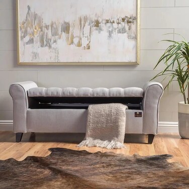 مقعد تخزين خشبي بمقعدين من الخشب الفاخر بتصميم معنقّد بزر زامانسيز (رمادي فاتح)