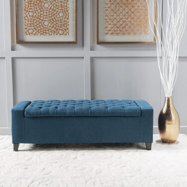 مقعد تخزين علوي من الخشب الصلب الملتوي مع تنجيد ناعم متعدد الأغراض لتخزين الصدر ووسادة وسادة (أزرق داكن)