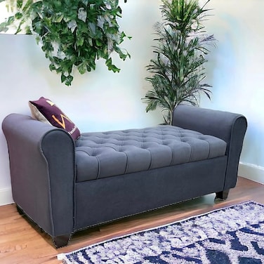 Wooden Twist Button Tufted Design Premium Wood 2 Seater Storage Bench (Dark Grey)