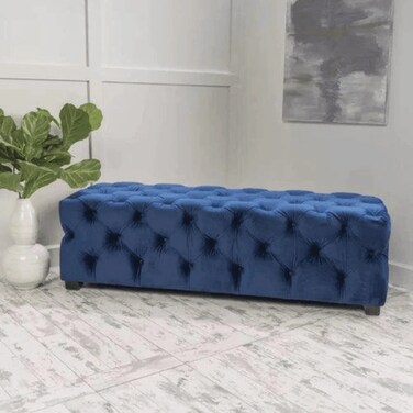 Wooden Twist Wide Tufted Modern Bench For Living Room (Navy Blue)
