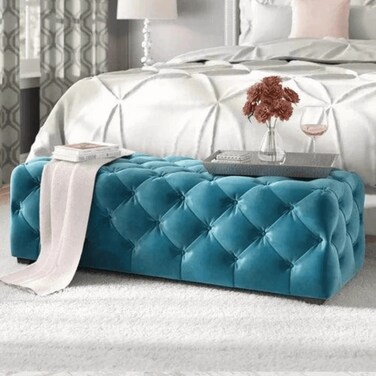 Wooden Twist Wide Tufted Modern Bench For Living Room (Blue)