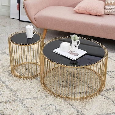 طاولة قهوة خشبية عصرية من الزجاج المقسى وإطار معدني ذهبي لغرفة المعيشة الأنيقة (مجموعة من 2)