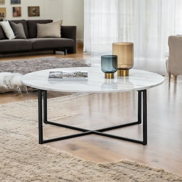 Wooden Twist Modern Contemporary Metal Base Marble Top Round Coffee Table ( White &amp; Black )