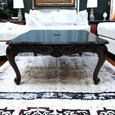 طاولة مركزية خشبية منحوتة يدويًا على شكل مربع من خشب الساج بلمسة نهائية من خشب الجوز