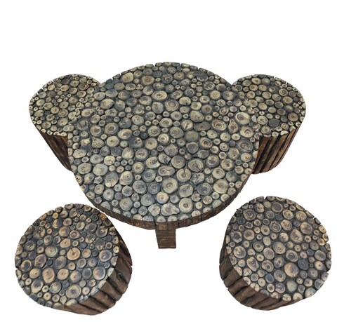 Wooden Twist Antique Poplar Wood Round Coffee Table Set with 4 Stools Rustic Handcrafted Vintage Style Living for Room