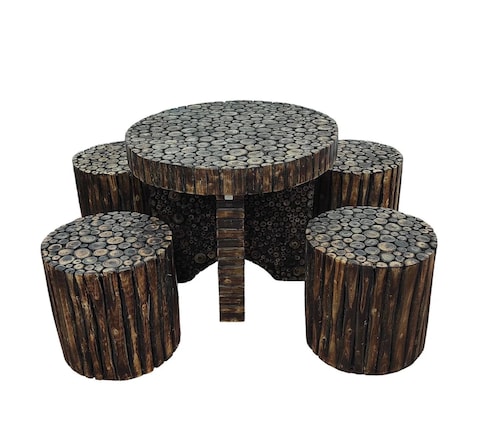 Wooden Twist Antique Poplar Wood Round Coffee Table Set with 4 Stools Rustic Handcrafted Vintage Style Living for Room