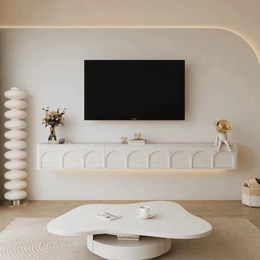 رف جداري لوحدة تلفزيون مثبتة على الحائط من الخشب الملتف