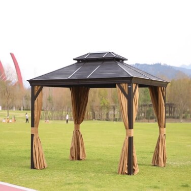 شرفة حديقة خشبية مشمعة مع ستارة مقاومة للماء وناموسية (بني)