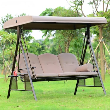 Wooden Twist Lushio Metal Frame Weatherproof Polyester 3-Seater Swing with Adjustable Canopy &amp; Cup Holder for Outdoor Garden Patio