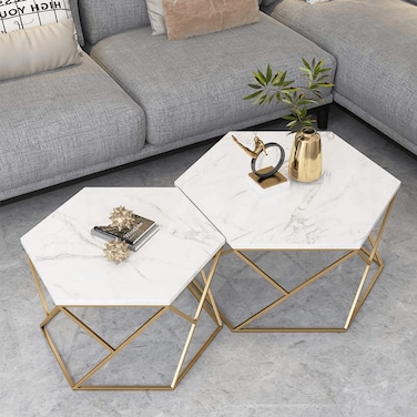 
Wooden Twist Vortexa Hexagon Design Coffee Table with Marble-Like Finish Top Modern &amp; Elegant Nesting Table (Set of 2)