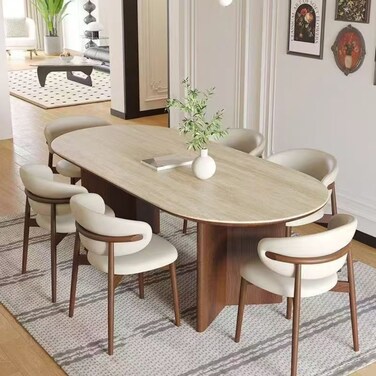 Wooden Twist Vienna Harmony 6 Seater Dining Table Set with Limestone Top (Off-White)