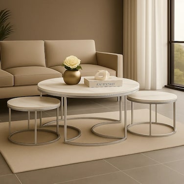 Wooden Twist Vibing Modern Stylish Nesting Coffee Table with Metal Base Marble Top (White &amp; Silver, Set of 3)