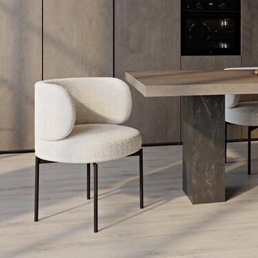 Wooden Twist Calorix Modern Boucle Dining Chair with Curved Backrest Comfortable Seating for Kitchen, Dining Room