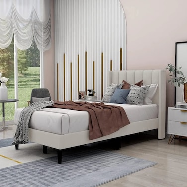 Wooden Twist Modern Rectangular Velvet Upholstery Bed With 3-Year Warranty &amp; Soft Wingback Headboard ( Beige ) - Queen (150 x 200cm)