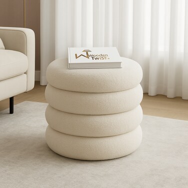 Wooden Twist Luxury Boucl&eacute; Round Ottoman Stool Soft Pouf Seat for Living Room &amp; Bedroom - Beige