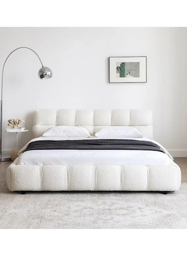 Wooden Twist Awf Modernize Boucle Upholstery Bed for Luxury Bedroom Contemporary, Stylish, and Elegant - Super King (200 x 200 cm) / White