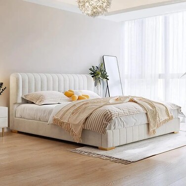 Wooden Twist Buoyant Floating Wingback Velvet Upholstery Luxury Bed for Bedroom ( Off-White ) - King 185x218 cm