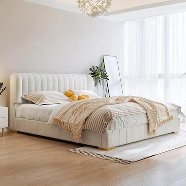 Wooden Twist Buoyant Floating Wingback Velvet Upholstery Luxury Bed for Bedroom ( Off-White ) - Super King 205x218 cm