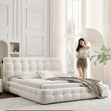 Wooden Twist Elegance Modernize Boucle Upholstery Bed for Luxury Bedroom Contemporary, Stylish, and Elegant - Super King (200 x 200 cm) / Beige