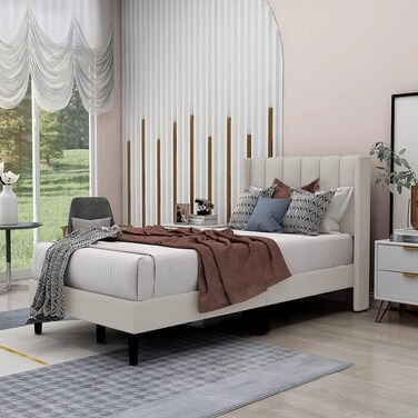 Wooden Twist Modern Rectangular Velvet Upholstery Bed With 3-Year Warranty &amp; Soft Wingback Headboard ( Beige ) - King (180 x 200cm)