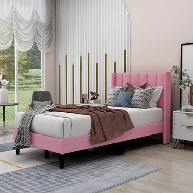 Wooden Twist Modern Rectangular Velvet Upholstery Bed with Soft Wingback Headboard ( Pink ) - Twin (90 x 190cm)