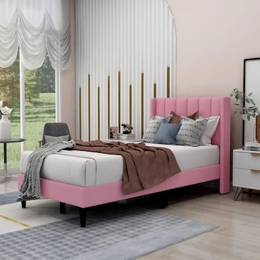 Wooden Twist Modern Rectangular Velvet Upholstery Bed with Soft Wingback Headboard ( Pink ) - Super King (200 x 200cm)