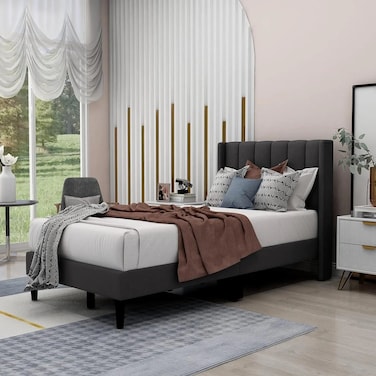 Wooden Twist Modern Rectangular Velvet Upholstery Bed with Soft Wingback Headboard ( Dark Grey ) - Twin (90 x 190cm)