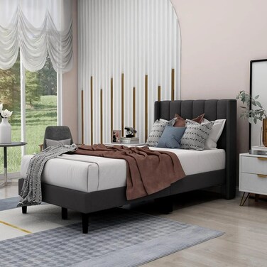 Wooden Twist Modern Rectangular Velvet Upholstery Bed with Soft Wingback Headboard ( Dark Grey ) - Super King (200 x 200cm)
