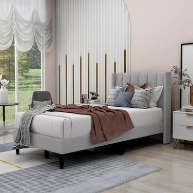 Wooden Twist Modern Rectangular Velvet Upholstery Bed with Soft Wingback Headboard ( Light Grey ) - Super King (200 x 200cm)